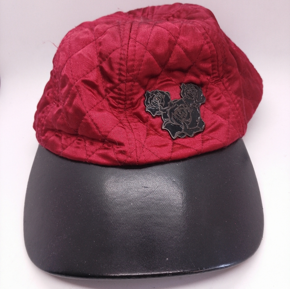 Disney Parks Quilted Red Cap with Black Brim Roses Mickey Mouse